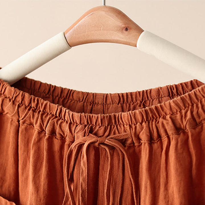 Pantalon large décontracté en coton et lin avec cordon de serrage et poches pour femme, motif Buddha Stones , uni et froissé, longueur 9 cm - image 3