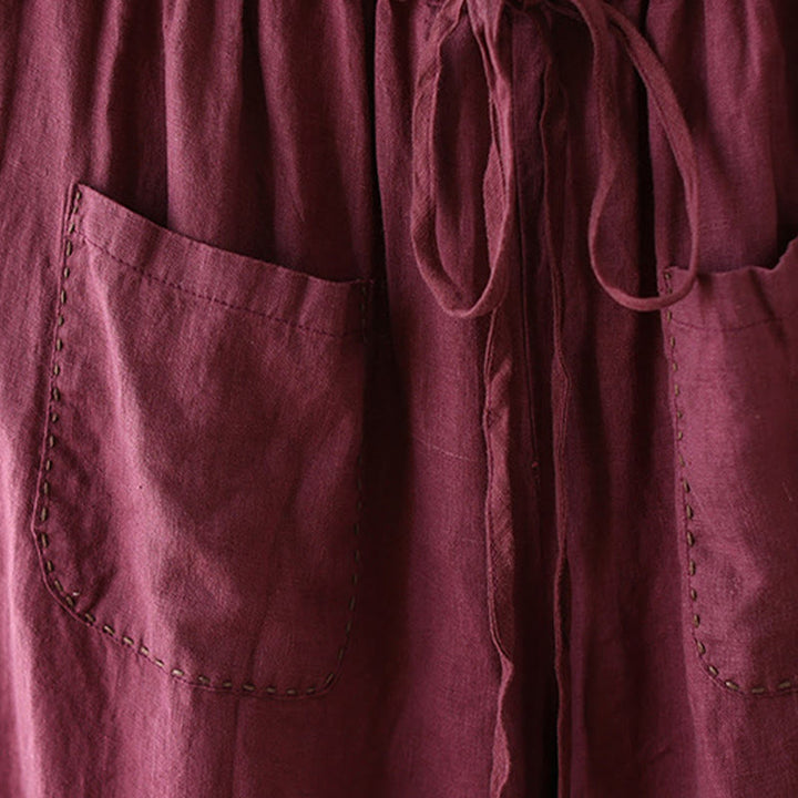 Pantalon large décontracté en coton et lin avec cordon de serrage et poches pour femme, motif Buddha Stones , uni et froissé, longueur 9 cm - image 15