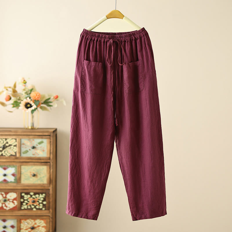 Pantalon large décontracté en coton et lin avec cordon de serrage et poches pour femme, motif Buddha Stones , uni et froissé, longueur 9 cm - Magenta foncé - US8-10，UK/AU12-14，EU40-42 (2XL) - image 13
