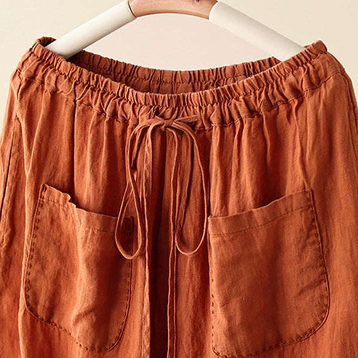 Pantalon large décontracté en coton et lin avec cordon de serrage et poches pour femme, motif Buddha Stones , uni et froissé, longueur 9 cm - image 2