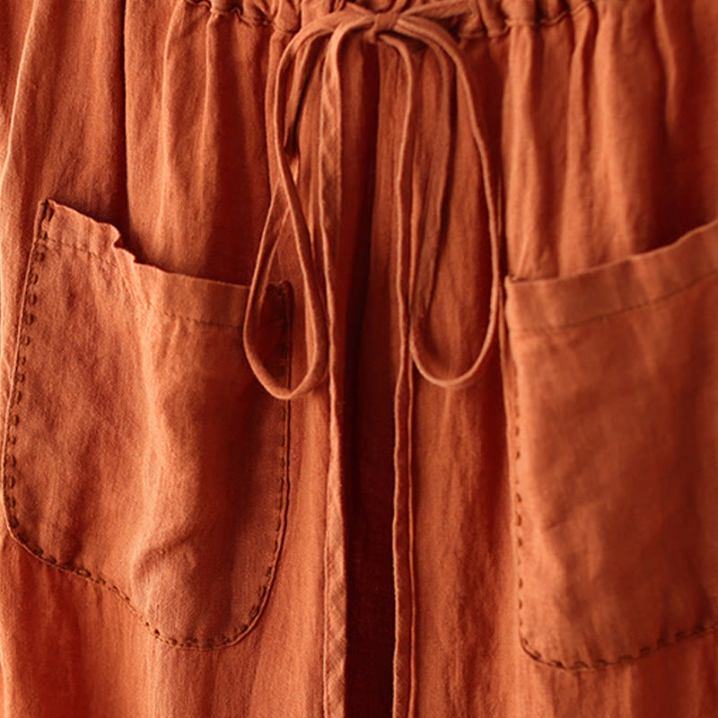 Pantalon large décontracté en coton et lin avec cordon de serrage et poches pour femme, motif Buddha Stones , uni et froissé, longueur 9 cm - image 4