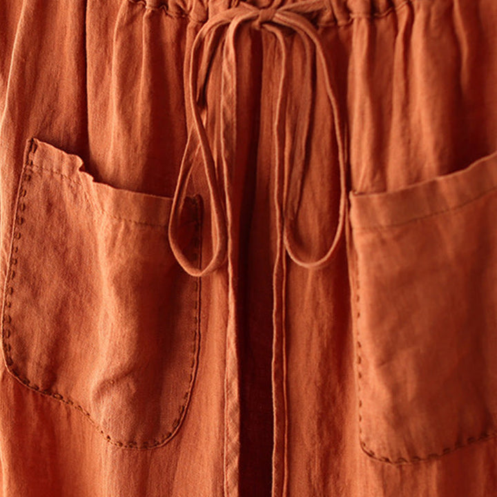 Pantalon large décontracté en coton et lin avec cordon de serrage et poches pour femme, motif Buddha Stones , uni et froissé, longueur 9 cm - image 4