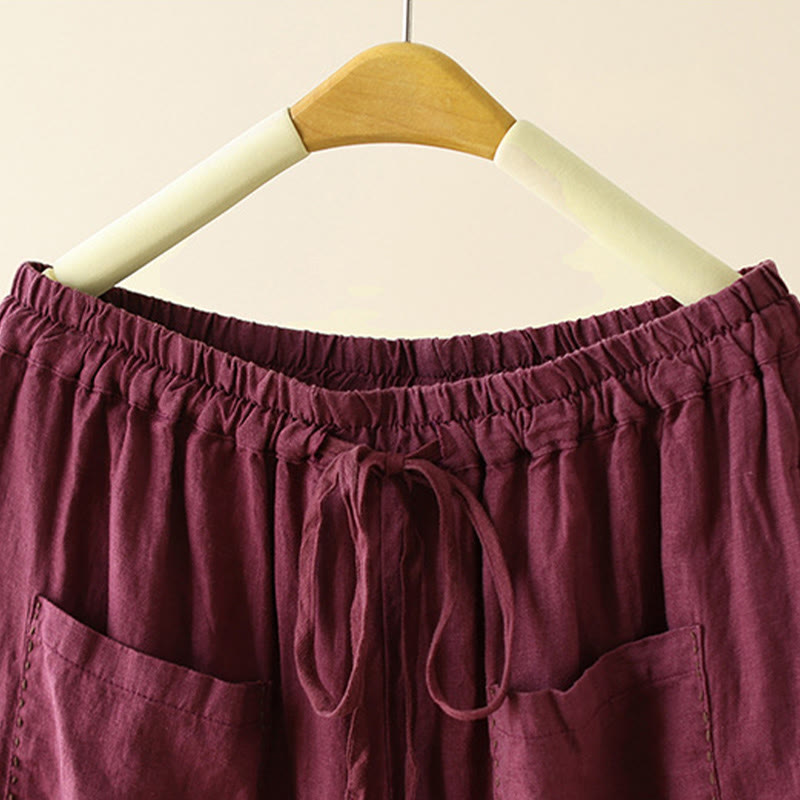 Pantalon large décontracté en coton et lin avec cordon de serrage et poches pour femme, motif Buddha Stones , uni et froissé, longueur 9 cm - image 14
