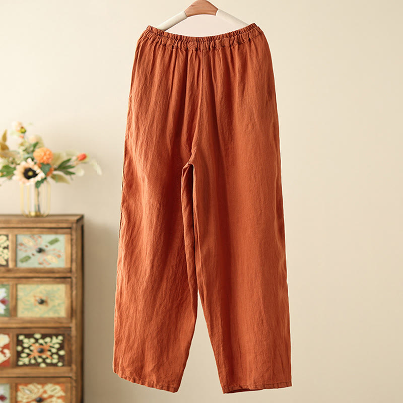 Pantalon large décontracté en coton et lin avec cordon de serrage et poches pour femme, motif Buddha Stones , uni et froissé, longueur 9 cm - image 1