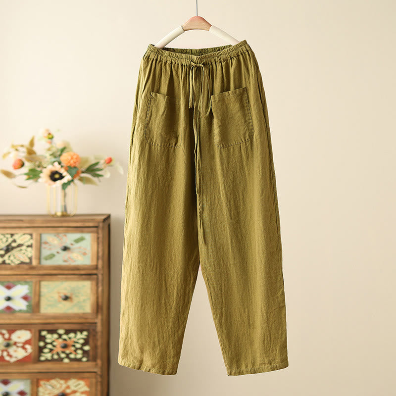Pantalon large décontracté en coton et lin avec cordon de serrage et poches pour femme, motif Buddha Stones , uni et froissé, longueur 9 cm - Vert olive - US8-10，UK/AU12-14，EU40-42 (2XL) - image 17
