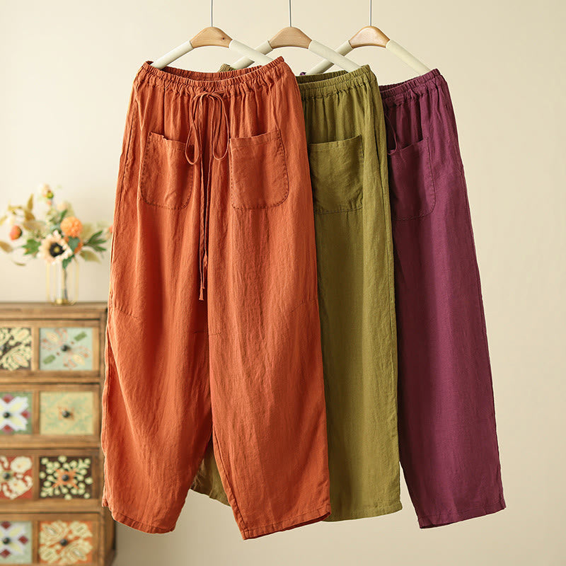 Pantalon large décontracté en coton et lin avec cordon de serrage et poches pour femme, motif Buddha Stones , uni et froissé, longueur 9 cm - image 21