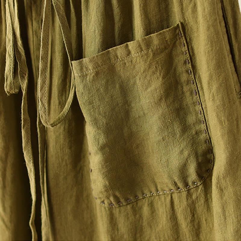 Pantalon large décontracté en coton et lin avec cordon de serrage et poches pour femme, motif Buddha Stones , uni et froissé, longueur 9 cm - image 19