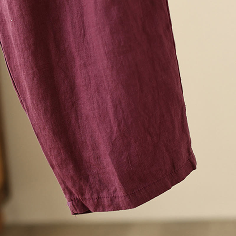 Pantalon large décontracté en coton et lin avec cordon de serrage et poches pour femme, motif Buddha Stones , uni et froissé, longueur 9 cm - image 16