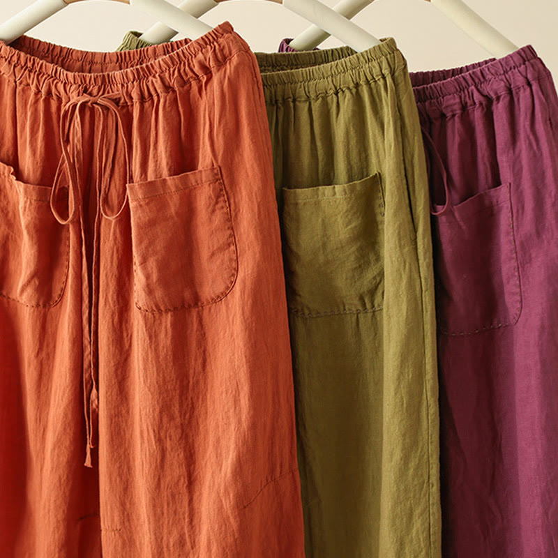 Pantalon large décontracté en coton et lin avec cordon de serrage et poches pour femme, motif Buddha Stones , uni et froissé, longueur 9 cm - image 22