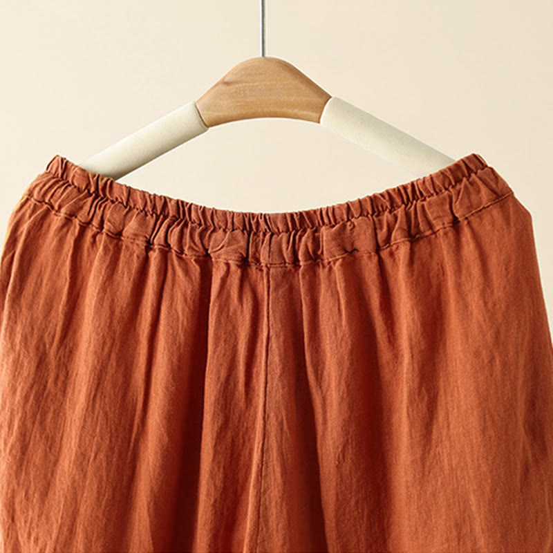 Pantalon large décontracté en coton et lin avec cordon de serrage et poches pour femme, motif Buddha Stones , uni et froissé, longueur 9 cm - image 5