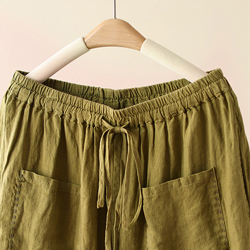 Pantalon large décontracté en coton et lin avec cordon de serrage et poches pour femme, motif Buddha Stones , uni et froissé, longueur 9 cm - image 18
