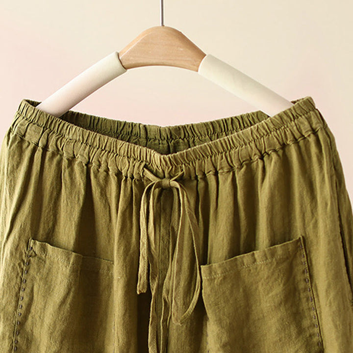 Pantalon large décontracté en coton et lin avec cordon de serrage et poches pour femme, motif Buddha Stones , uni et froissé, longueur 9 cm - image 18