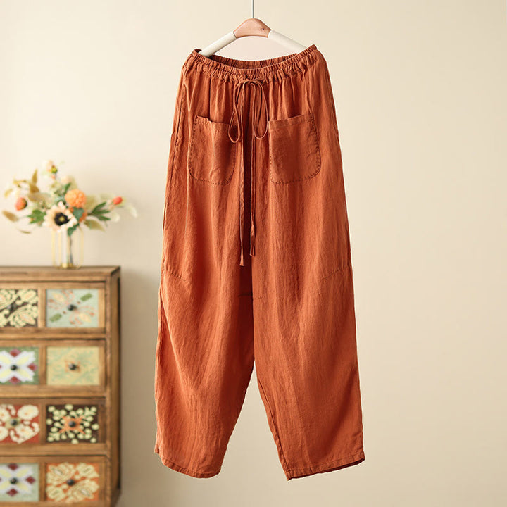 Pantalon large décontracté en coton et lin avec cordon de serrage et poches pour femme, motif Buddha Stones , uni et froissé, longueur 9 cm - Orange foncé - US8-10，UK/AU12-14，EU40-42 (2XL) - image 0