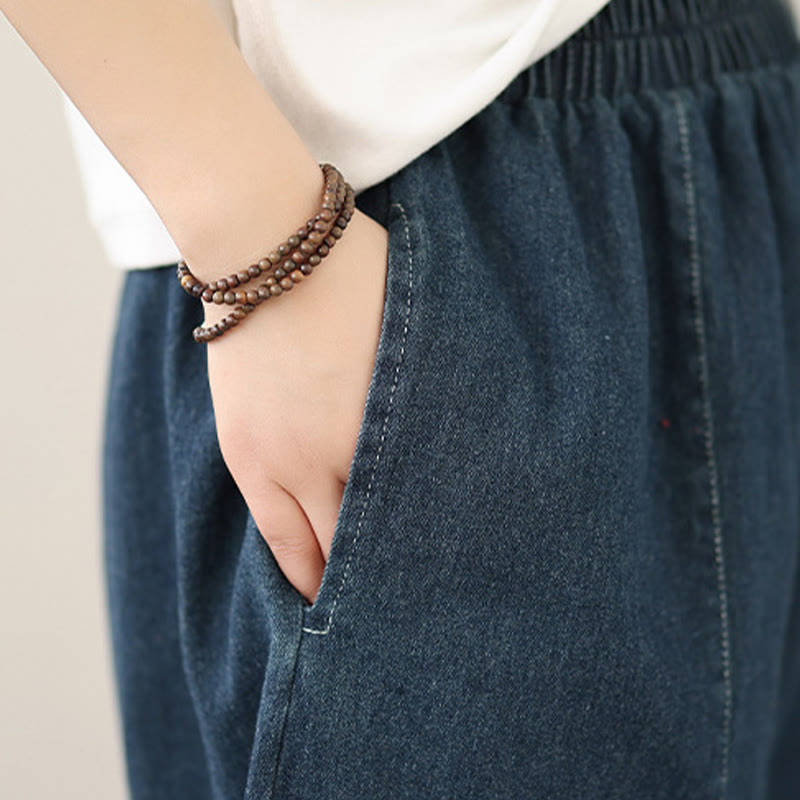 Pantalon large à poches pour femme, style vintage, effet vieilli, motif pompons , Buddha Stones Spring