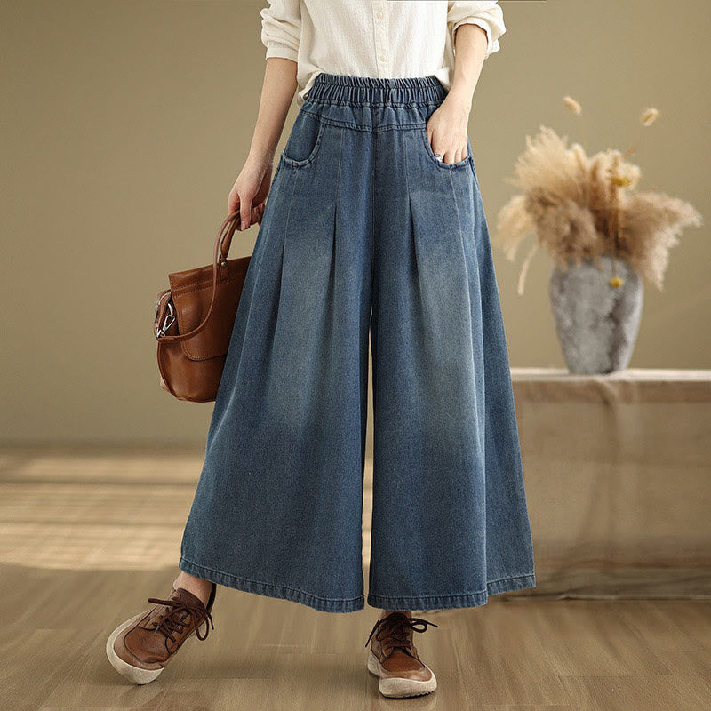 Pantalon large taille haute pour femme avec poches, style vintage effet vieilli, motif Buddha Stones Fall - Bleu foncé - US8-10，UK/AU12-14，EU40-42 (2XL) - image 0