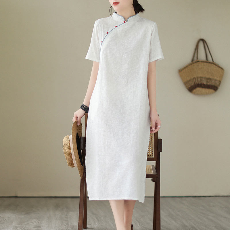 Robe midi qipao chinoise en jacquard à manches courtes et poches, motif Buddha Stones , couleur pure - image 2