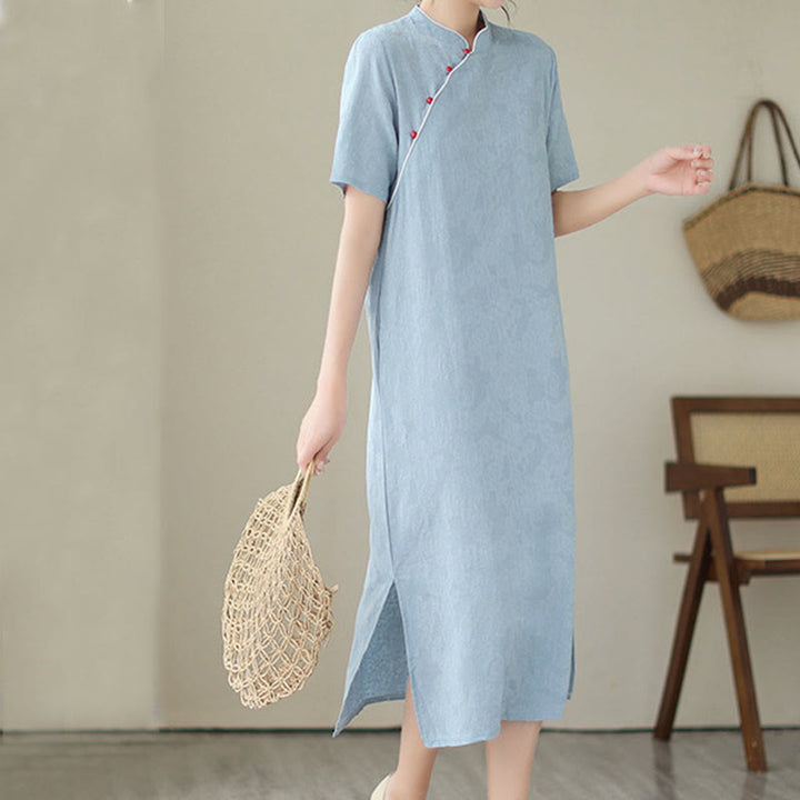 Robe midi qipao chinoise en jacquard à manches courtes et poches, motif Buddha Stones , couleur pure - image 9
