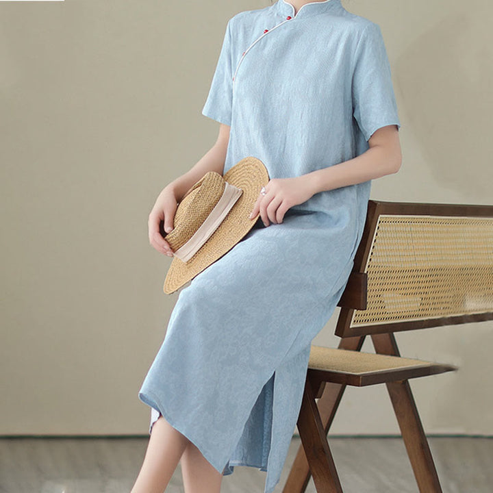 Robe midi qipao chinoise en jacquard à manches courtes et poches, motif Buddha Stones , couleur pure - image 11