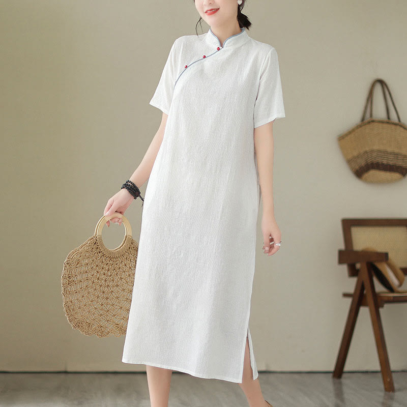 Robe midi qipao chinoise en jacquard à manches courtes et poches, motif Buddha Stones , couleur pure - Blanc - US8-10，UK/AU12-14，EU40-42 (2XL) - image 0