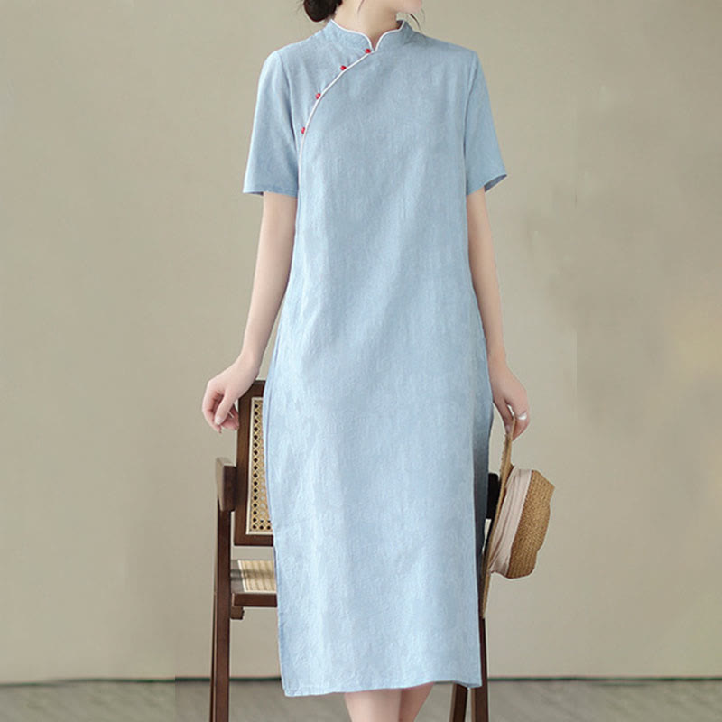 Robe midi qipao chinoise en jacquard à manches courtes et poches, motif Buddha Stones , couleur pure - image 10