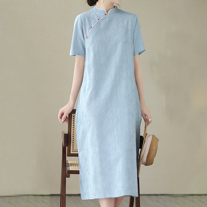 Robe midi qipao chinoise en jacquard à manches courtes et poches, motif Buddha Stones , couleur pure - image 10