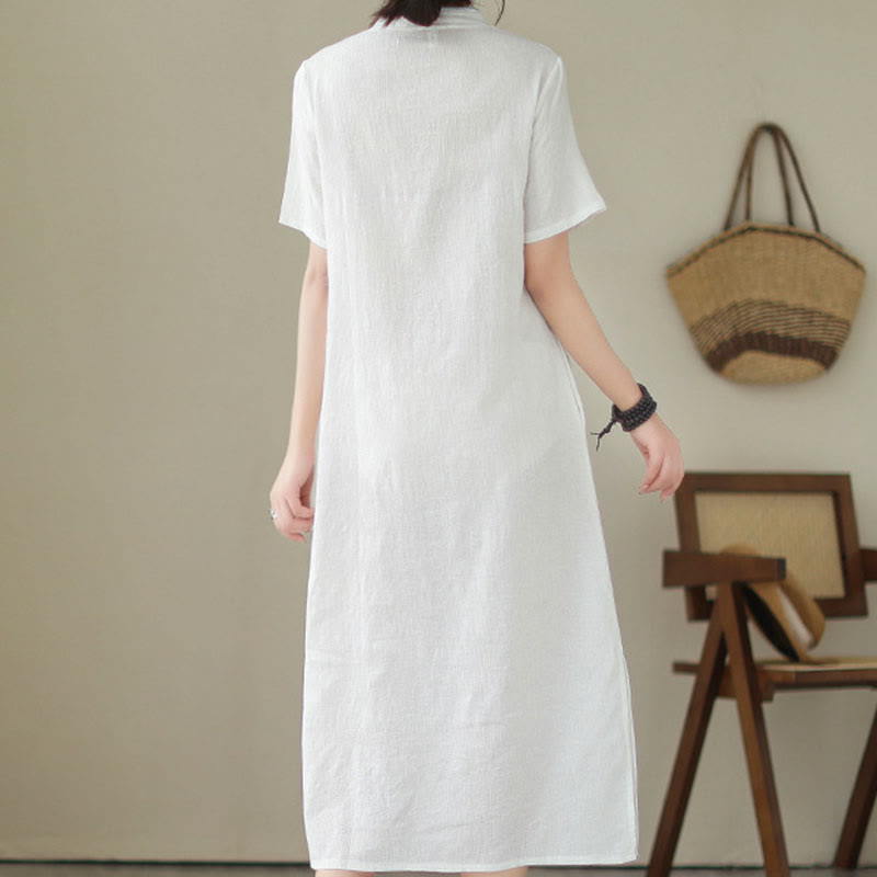 Robe midi qipao chinoise en jacquard à manches courtes et poches, motif Buddha Stones , couleur pure - image 1