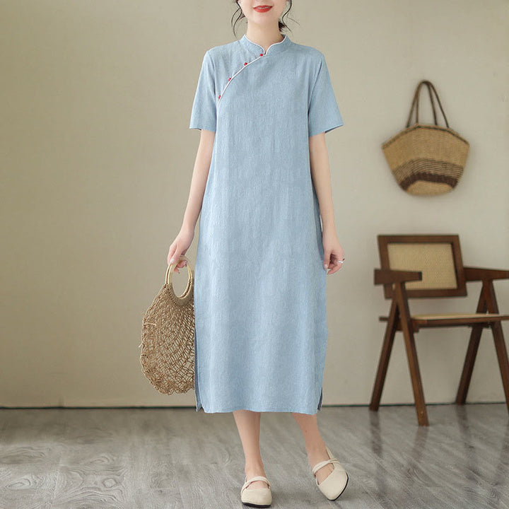 Robe midi qipao chinoise en jacquard à manches courtes et poches, motif Buddha Stones , couleur pure - Bleu ciel clair - US8-10，UK/AU12-14，EU40-42 (2XL) - image 6