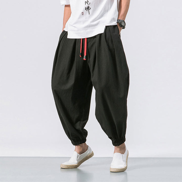 Pantalon décontracté en coton uni avec cordon de serrage et poches pour homme Buddha Stones - Noir - US/UK/AU46，EU56 (5XL) - image 1