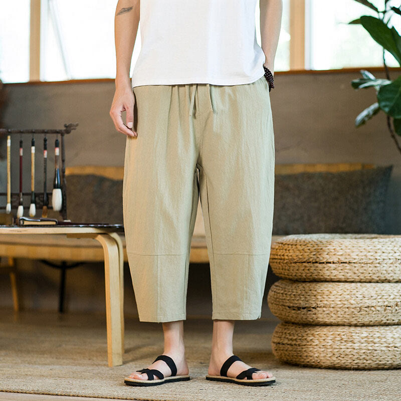 Pantalon sarouel simple en coton et lin avec cordon de serrage et poches pour homme, motif Buddha Stones - image 1