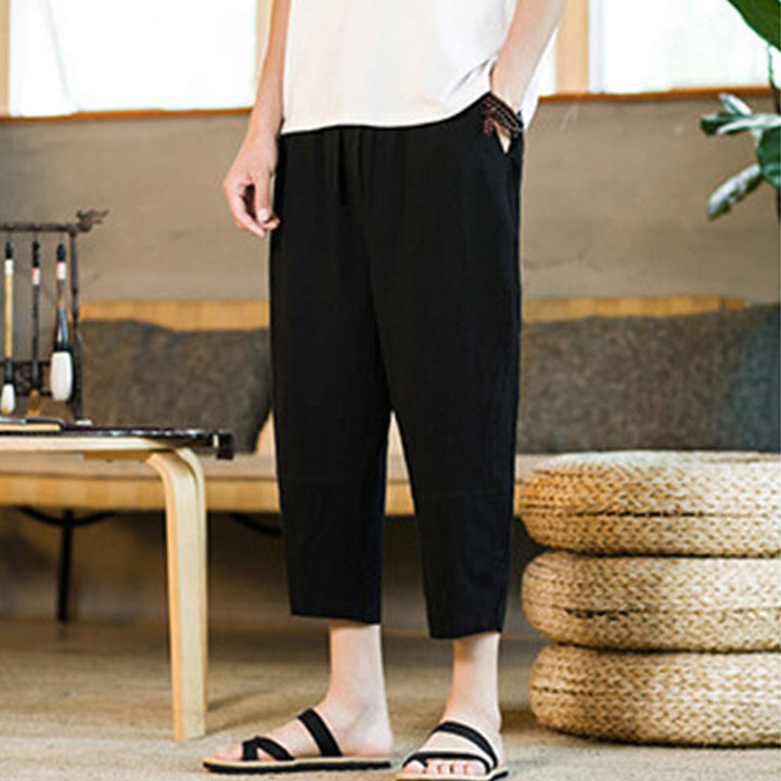 Pantalon sarouel simple en coton et lin avec cordon de serrage et poches pour homme, motif Buddha Stones - image 10