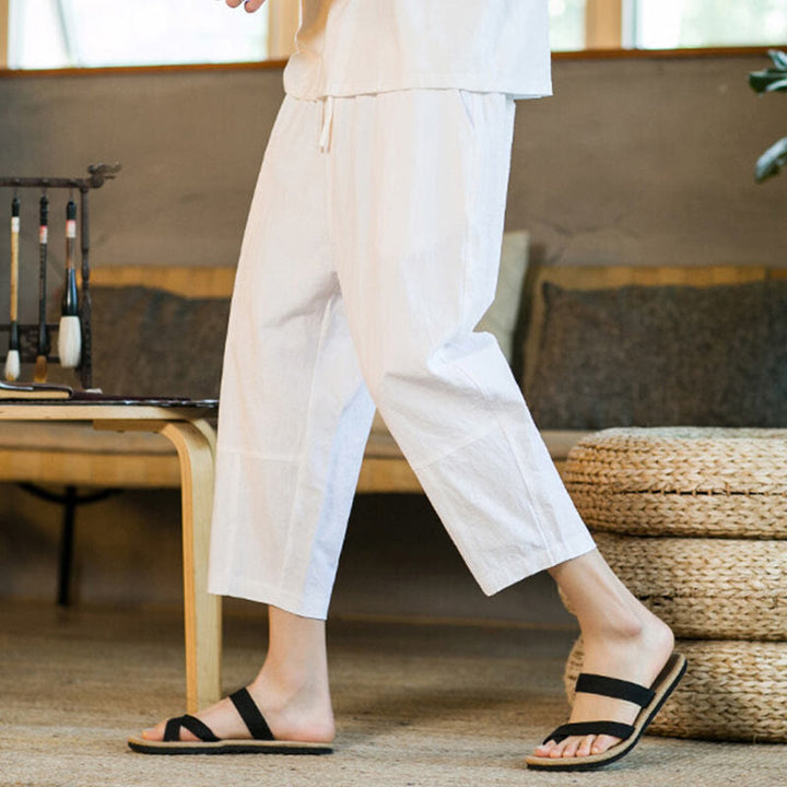 Pantalon sarouel simple en coton et lin avec cordon de serrage et poches pour homme, motif Buddha Stones - image 27