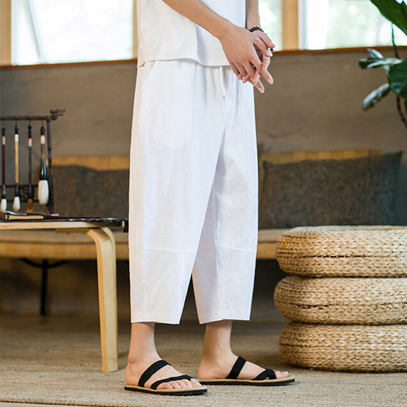 Pantalon sarouel simple en coton et lin avec cordon de serrage et poches pour homme, motif Buddha Stones - image 25