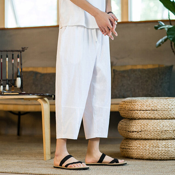 Pantalon sarouel simple en coton et lin avec cordon de serrage et poches pour homme, motif Buddha Stones - image 25