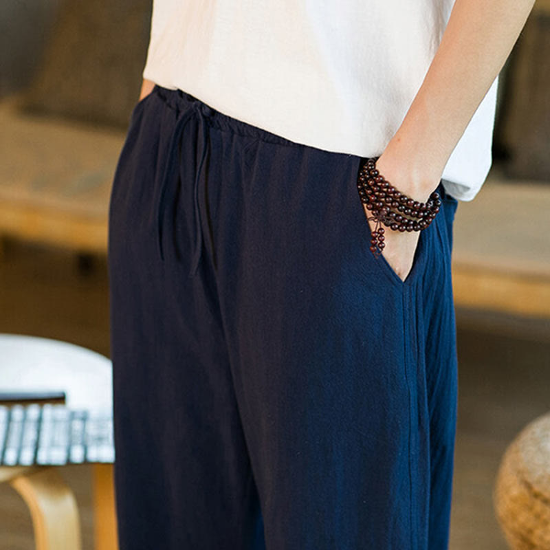 Pantalon sarouel simple en coton et lin avec cordon de serrage et poches pour homme, motif Buddha Stones - image 36