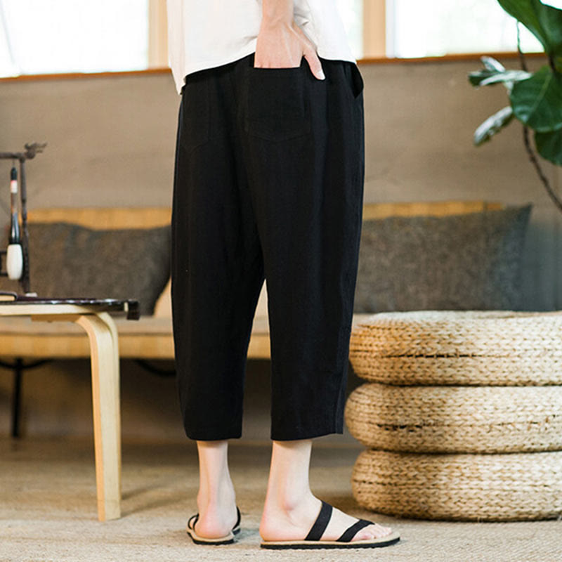 Pantalon sarouel simple en coton et lin avec cordon de serrage et poches pour homme, motif Buddha Stones - image 11