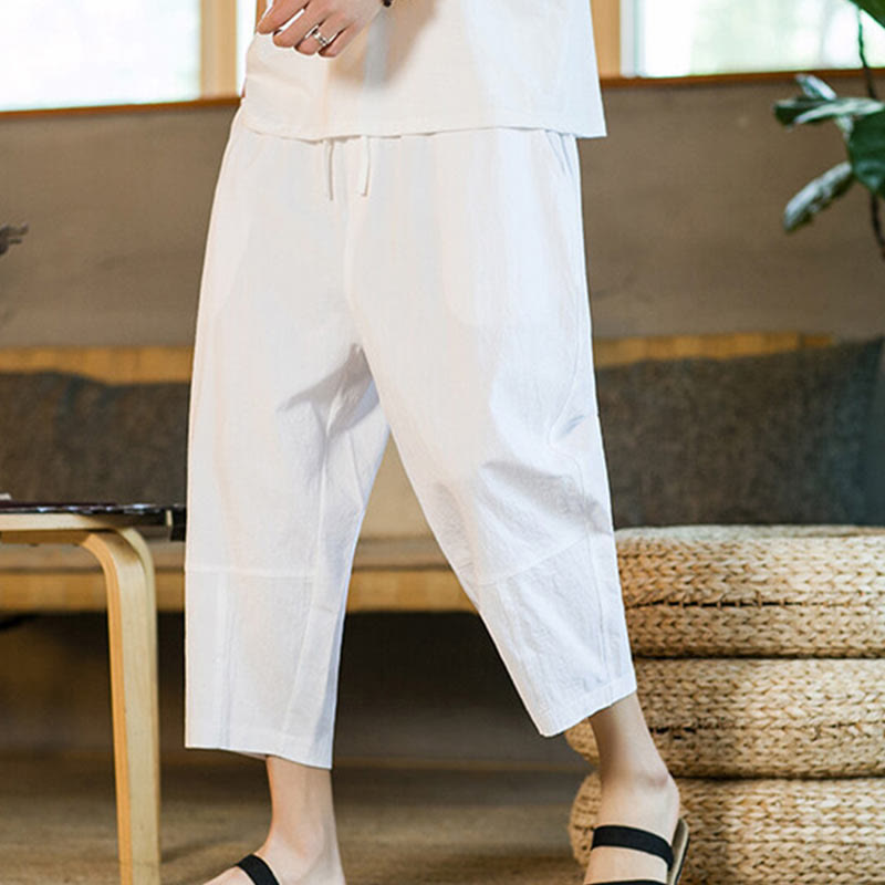 Pantalon sarouel simple en coton et lin avec cordon de serrage et poches pour homme, motif Buddha Stones - image 21