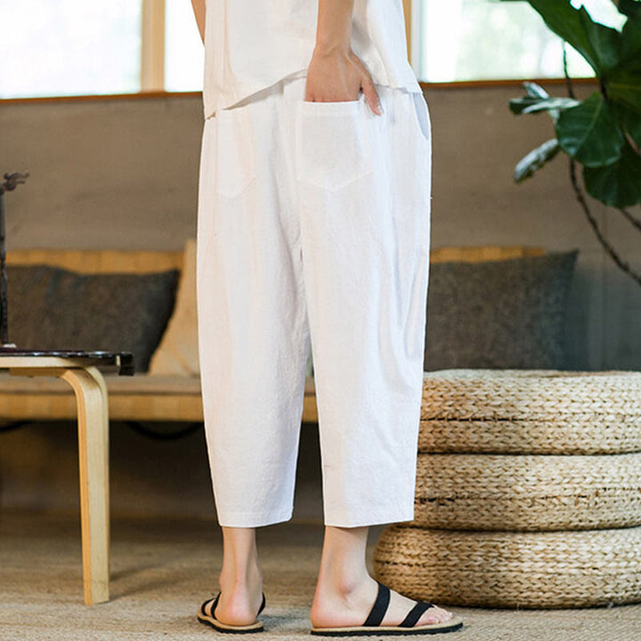 Pantalon sarouel simple en coton et lin avec cordon de serrage et poches pour homme, motif Buddha Stones - image 23