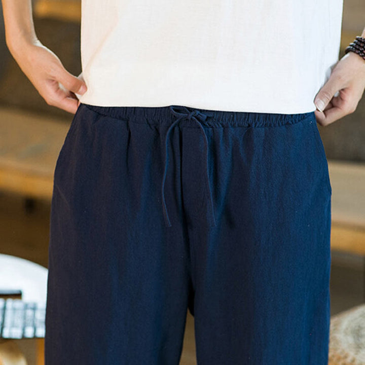 Pantalon sarouel simple en coton et lin avec cordon de serrage et poches pour homme, motif Buddha Stones - image 37