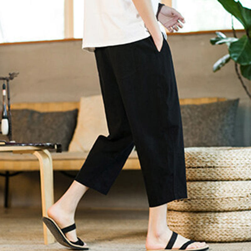 Pantalon sarouel simple en coton et lin avec cordon de serrage et poches pour homme, motif Buddha Stones - image 14