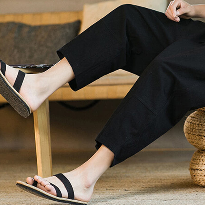 Pantalon sarouel simple en coton et lin avec cordon de serrage et poches pour homme, motif Buddha Stones - image 17