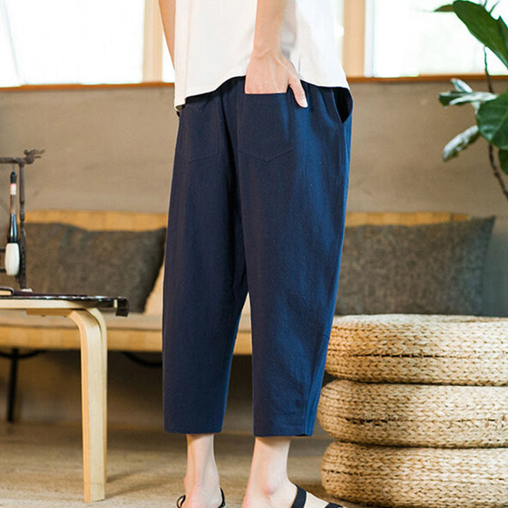 Pantalon sarouel simple en coton et lin avec cordon de serrage et poches pour homme, motif Buddha Stones - image 31