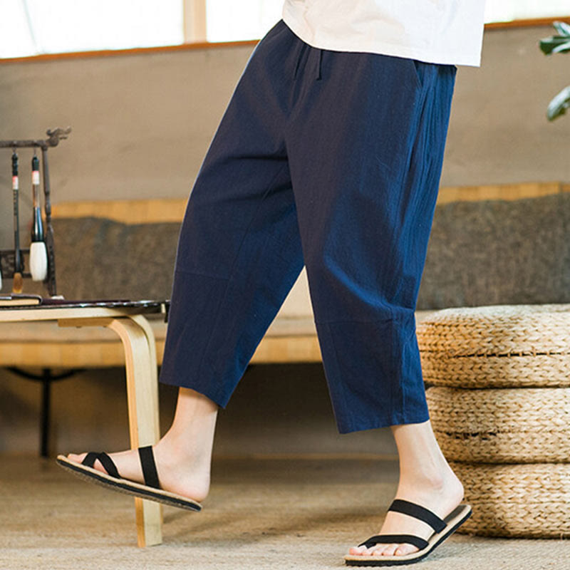 Pantalon sarouel simple en coton et lin avec cordon de serrage et poches pour homme, motif Buddha Stones - image 34