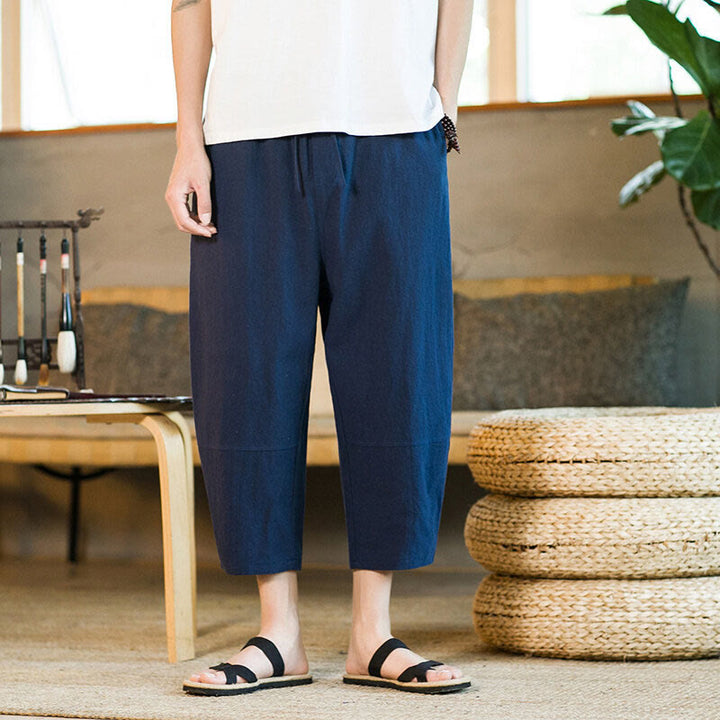 Pantalon sarouel simple en coton et lin avec cordon de serrage et poches pour homme, motif Buddha Stones - image 32