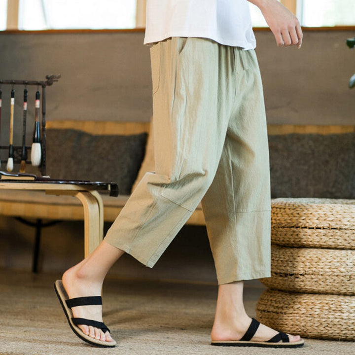 Pantalon sarouel simple en coton et lin avec cordon de serrage et poches pour homme, motif Buddha Stones - image 4