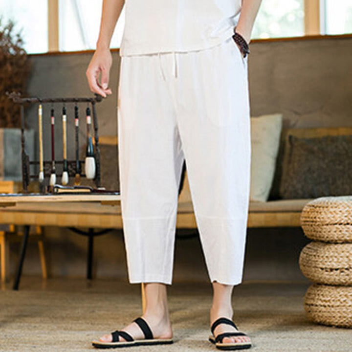 Pantalon sarouel simple en coton et lin avec cordon de serrage et poches pour homme, motif Buddha Stones - image 22