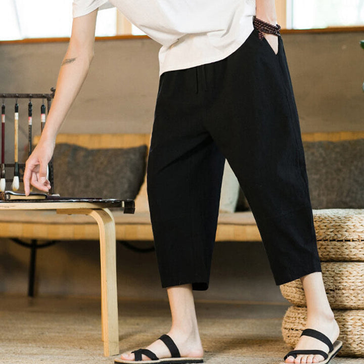 Pantalon sarouel simple en coton et lin avec cordon de serrage et poches pour homme, motif Buddha Stones - image 12