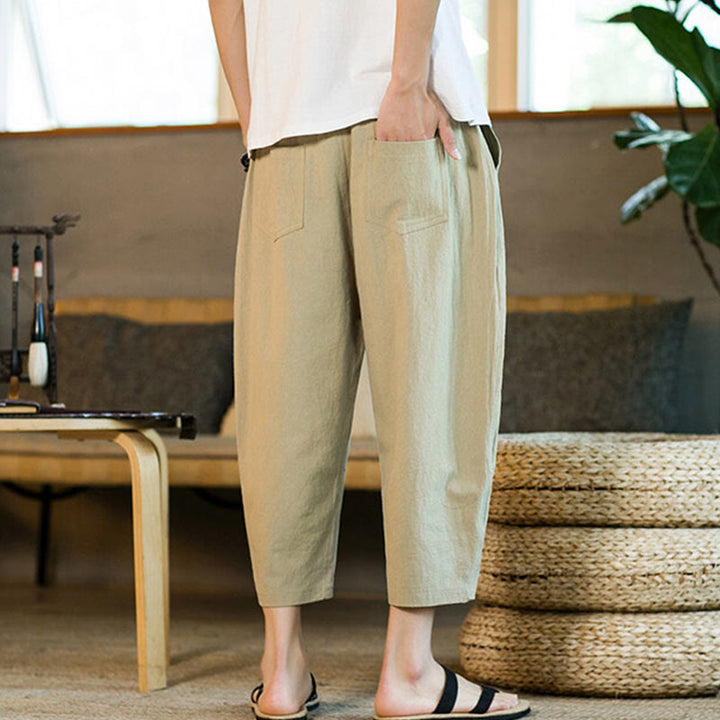 Pantalon sarouel simple en coton et lin avec cordon de serrage et poches pour homme, motif Buddha Stones - image 3