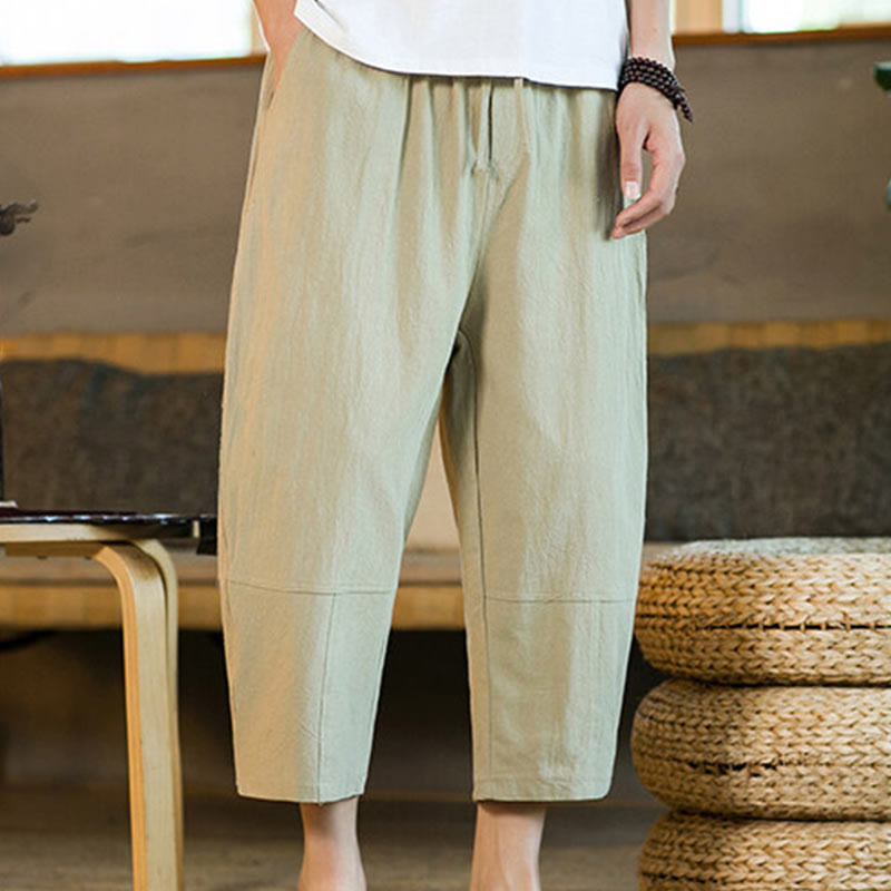 Pantalon sarouel simple en coton et lin avec cordon de serrage et poches pour homme, motif Buddha Stones - Verge d'or pâle - US/UK/AU46，EU56 (5XL) - image 0