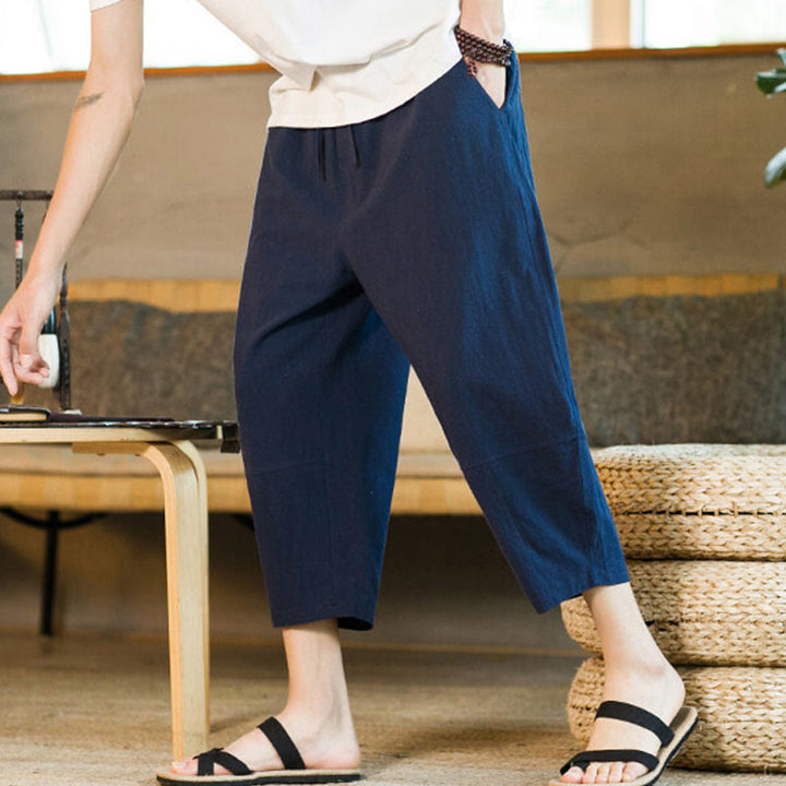 Pantalon sarouel simple en coton et lin avec cordon de serrage et poches pour homme, motif Buddha Stones - image 35