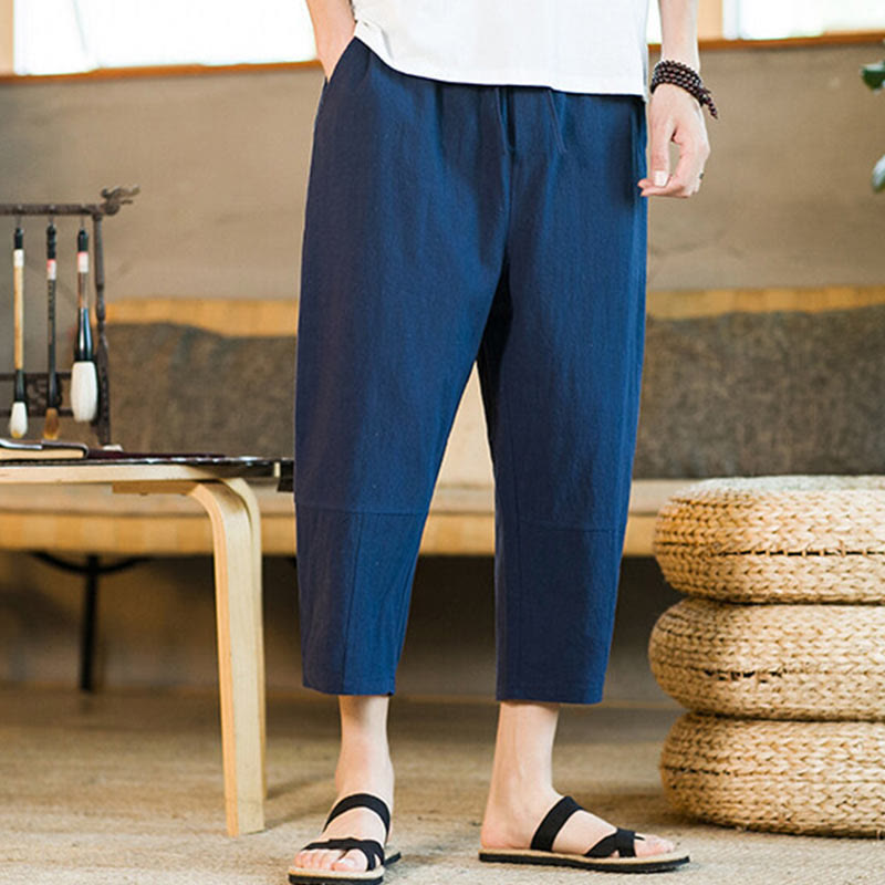 Pantalon sarouel simple en coton et lin avec cordon de serrage et poches pour homme, motif Buddha Stones - image 30